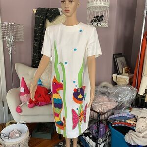 Vintage Deborah Laws Boutique Linen Fish Embroidered Short Sleeve Dress sz 14